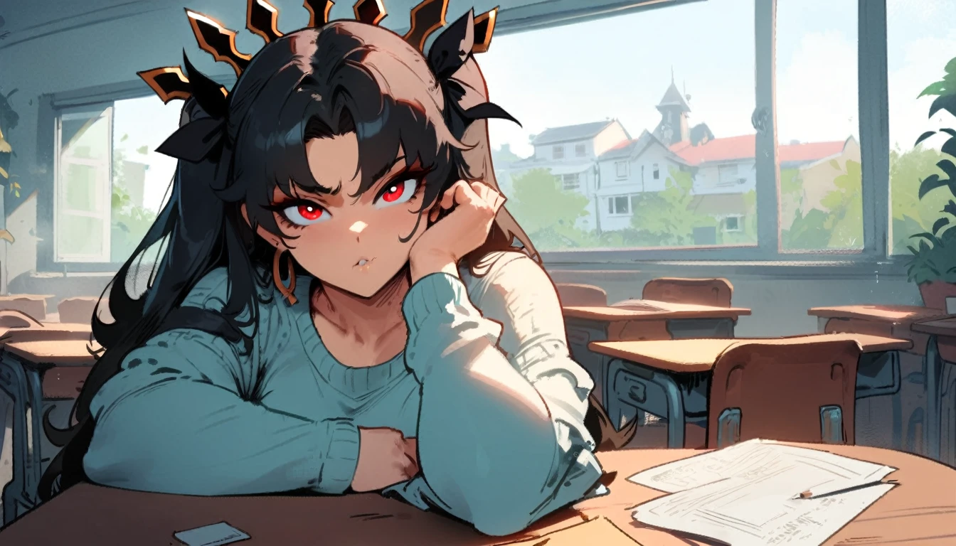 1girl, ishtar \(fate\), fate \(series\) \\\\\ masterpiece, best quality, very aesthetic, absurdres, newest \\\\\\ slim body,///// ,by nyantcha,cutesexyrobutts , by khyle,,////// beautiful face, sexy, red eyes, , at school, windows, greenery, sweater,,at desk, looking at viewer