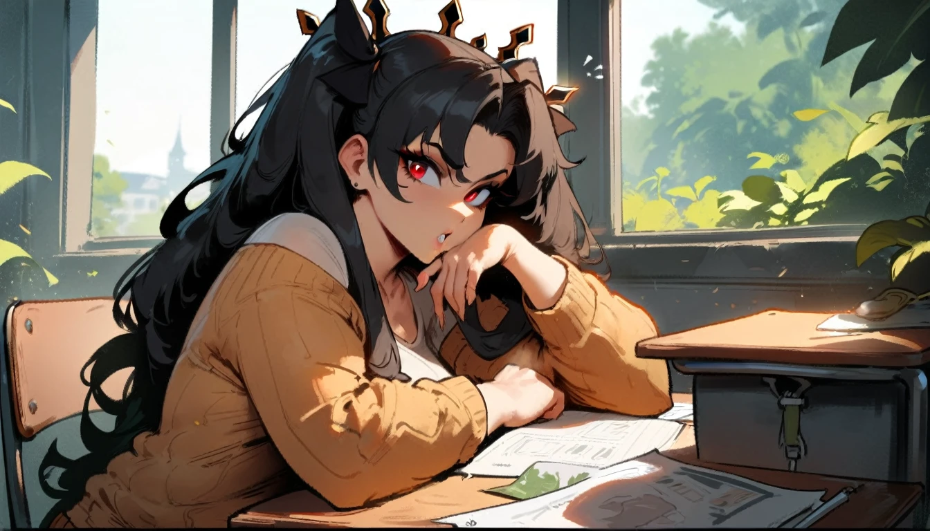 1girl, ishtar \(fate\), fate \(series\) \\\\\ masterpiece, best quality, very aesthetic, absurdres, newest \\\\\\ slim body,///// ,by nyantcha,cutesexyrobutts , by khyle,,////// beautiful face, sexy, red eyes, , at school, windows, greenery, sweater,,at desk, looking at viewer