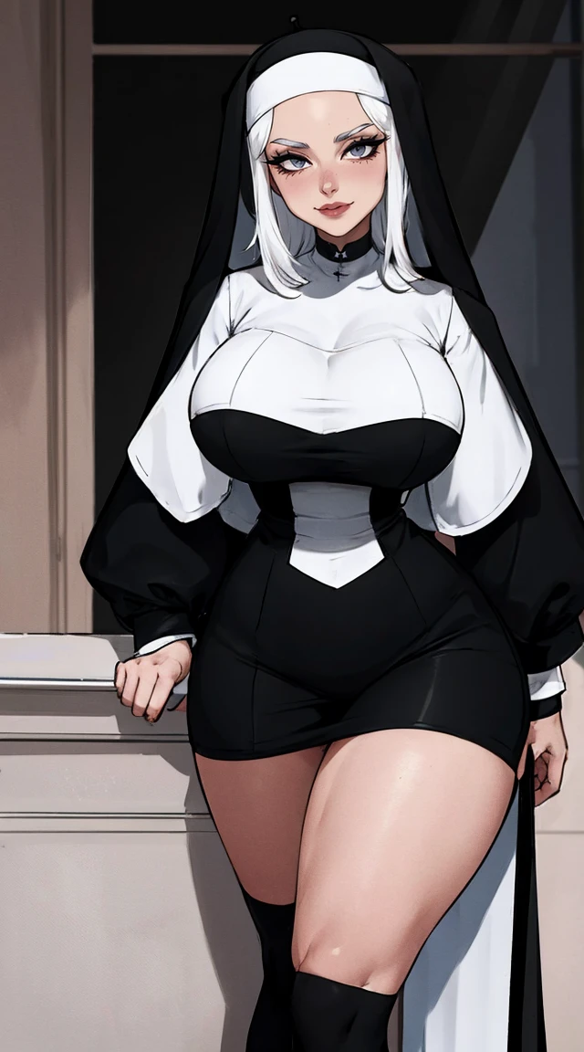 Female in thight black nun outfit, , facing the viewer , white hair, high socks,