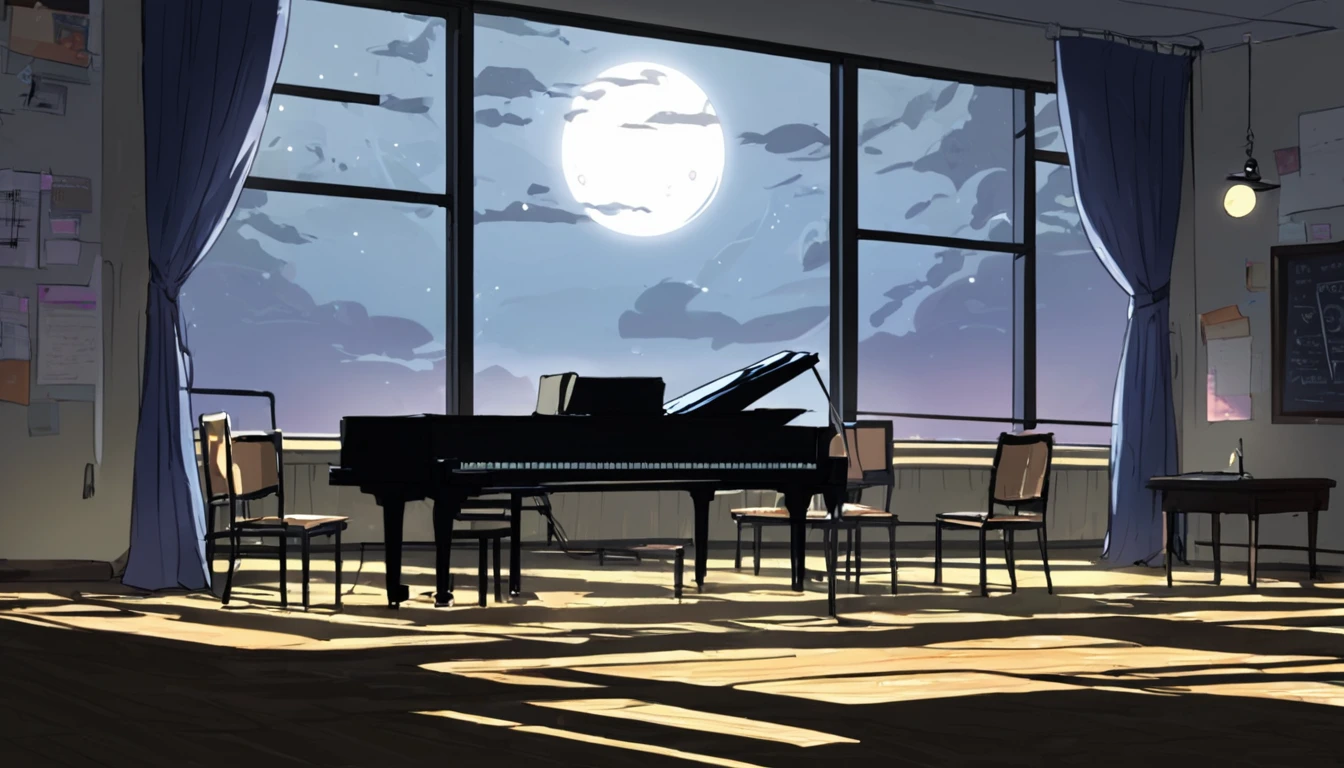 
At night in a high school. In the dimly lit music room, a high school girl is playing the piano alone. In the background, the moon is visible through the classroom window.