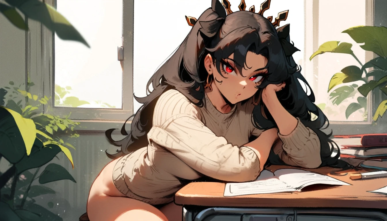 1girl, ishtar \(fate\), fate \(series\) \\\\\ masterpiece, best quality, very aesthetic, absurdres, newest \\\\\\ slim body,///// ,by nyantcha,cutesexyrobutts , by khyle,,////// beautiful face, sexy, red eyes, , at school, windows, greenery, sweater,,at desk, looking at viewer