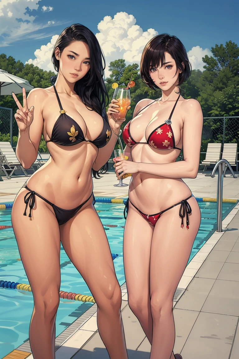 Group of girls, at the swimming pool, standing, wearing bikini, smile, taking picture, holding glass of cocktail, make a peace sign, 