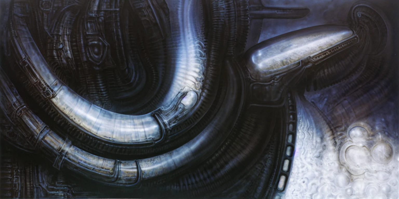 
The image is a detailed view of H.R. Giger's \" Landscape XVI \" plate, featuring a complex network of bones and organs in a purple-brown hue ,swirling gray and brown colors. The artwork is silver and purplish brown, with an ivory bones prominently displayed. The image is highly detailed and intricate, almost like a 3d version of a medical diagram 
The image is an artistic representation of a mechanical structure with pipes and gears, with a skeletal creature and a windmill blade.

biomechanical landscape by Hans Rudie Giger composed of fossilized and mummified alien life forms. Image depicts a strange and dreamlike, combines biological and mechanical ,managed  to dreamlike quality. Centralized recognizable shapes of skulls, rib cages, and spines, all intertwined with tubes and cables. These shapes suggest fossilized mummified alien life forms. Central skeletal structures and what appears to be a ribcags of ivory in the foreground are the most identifiable organic elements. The mechanical elements are evident in the wires and tubes emanating from the skeletals, as well as the smooth metallic tubes. In the background shapes are visible that could be interpreted as other fossilized or mummified alien life.
Light source from the top highlights skeletals, upper part of foreground, lower part of image is in shadow. 


The piece is a tableau, most likely created with a India ink pen or pencil on paper, determined by the thin lines, shading techniques, and the texture of the paper, which is visible around the edges.
used is pen, given the shading and variations in line weight visible in the image. One have used a variety of pencils with different degrees of hardness to achieve the shading effects

The style  is clearly biomechanical. Features combination of organic and mechanical forms. Mechanical elements dominate the composition, there are subtle organic hints. The use of undersaturated purple-grays dark contrasts creates a stark and graphic look. Is used a variety of l