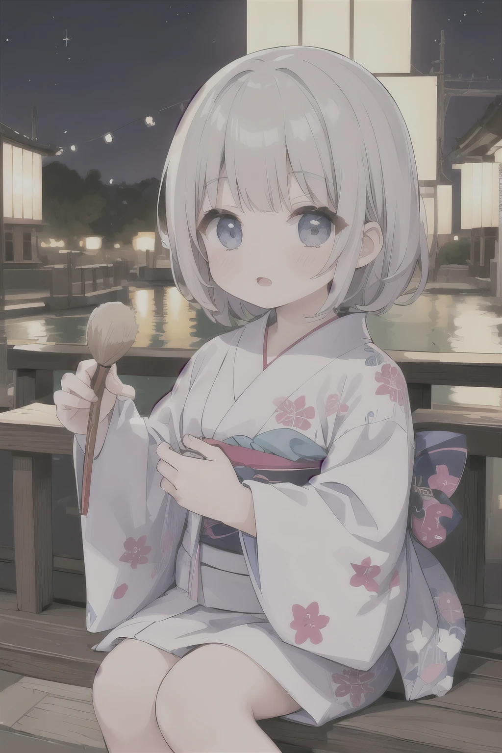 ((masterpiece,Highest quality)),Gray Hair、Summer in Japan、Outdoor、Festivals、night、Girl in Yukata、cute