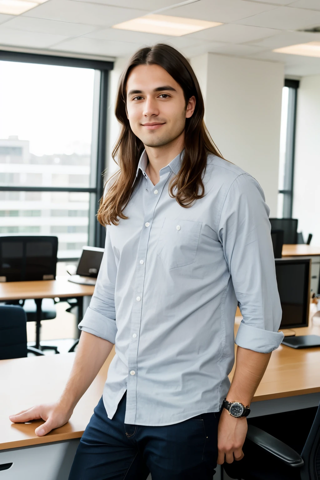 photo realistic office man in his late twenties, with long hair who is wearing wearing casual clothes with a modern open plan office as the background, he is looking at the camera