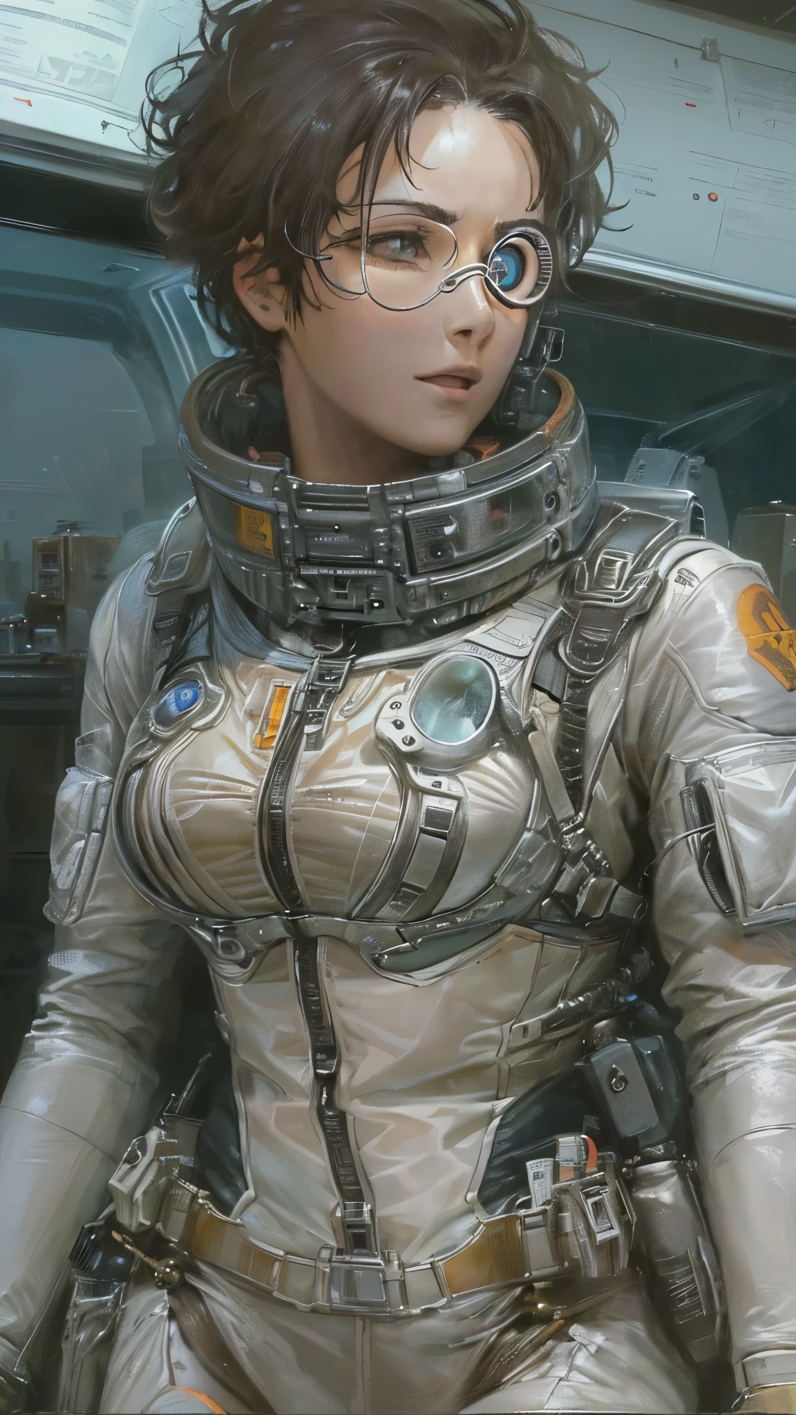 ((Highest quality)),(Ultra-high resolution),(Very detailed),(Detailed Description),((The best CG)),(A masterpiece),Ultra-detailed art,Amazing painting art,(Art with precise detail:1.5),(Sci-Fi Movies:1.4), (Harness pilot suit:1.7),(Monocle-type scope:1.6),(Combat Boots:1.3)
