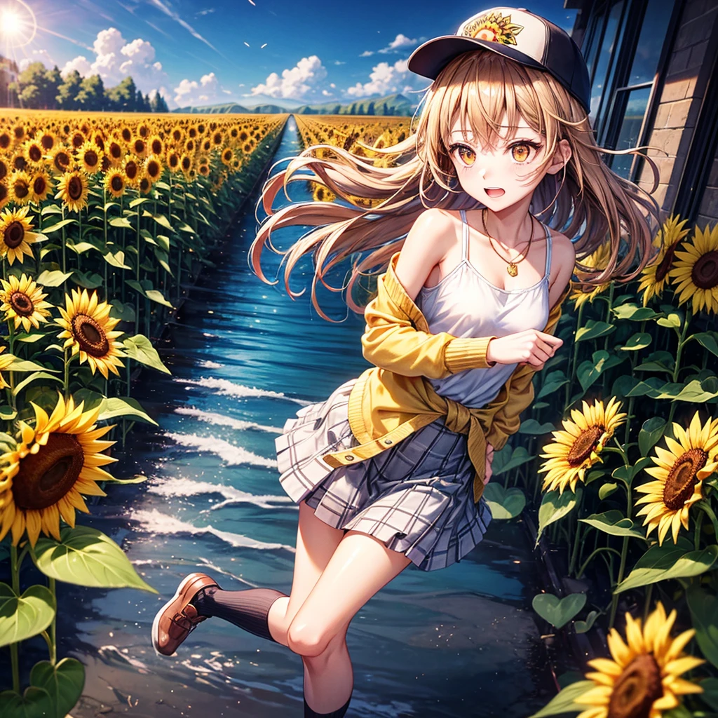 Red, brown, gold, gold hair、Golden Eyes、Hair tied up、One good looking girl、solo、anime、Checkered mini skirt、Ruffles on the skirt、camisole、camisole、Lightweight cardigan、Black knee-high socks、Wearing a baseball cap、Ribbon、Ribbon on waist、Teeth are visible、Sunset sky、Cumulonimbus、Silver coin necklace、shine、From above、Sparks are flying、tunnel、Cobblestones、Hands in pockets、waterfall、Clear Stream、Sunflower field、Have sunflowers、Midnight Moon
