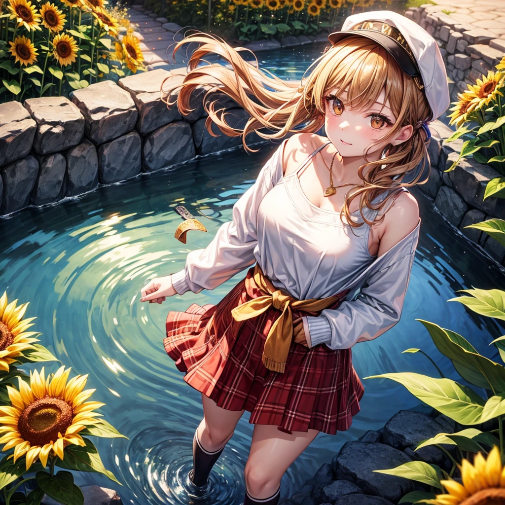 Red, brown, gold, gold hair、Golden Eyes、Hair tied up、One good looking girl、solo、anime、Checkered mini skirt、Ruffles on the skirt、camisole、camisole、Lightweight cardigan、Black knee-high socks、Wearing a baseball cap、Ribbon、Ribbon on waist、Teeth are visible、Sunset sky、Cumulonimbus、Silver coin necklace、shine、From above、Sparks are flying、tunnel、Cobblestones、Hands in pockets、waterfall、Clear Stream、Sunflower field、Have sunflowers、Midnight Moon