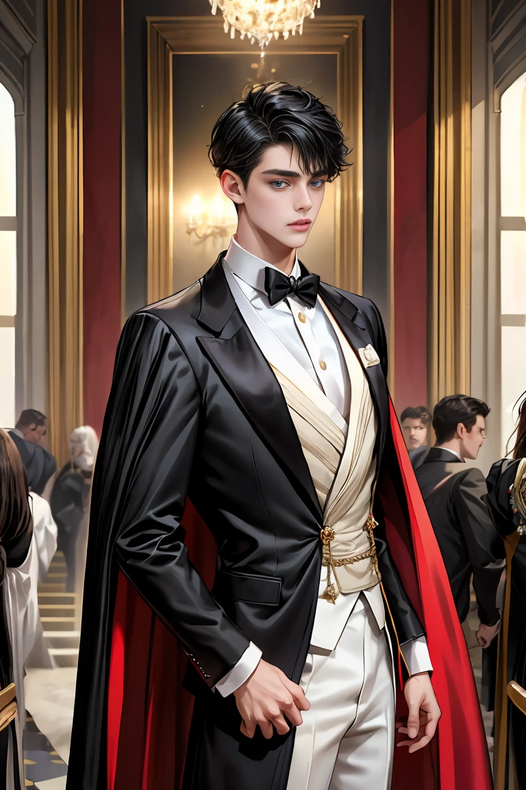 
masterpiece, 最high quality, high quality, 1 boy, alone, Male focus, Watching the audience,  Messy black hair, Adorable big blue eyes, White people, Noble, Noble,Sexy voluminous black and red cape、Tuxedo、A very voluminous, large, very large, very large, long, long red and black cape with a high stand-up collar, reaching down to the floor, made of a lot of fabric., 17 years old,Cute beautiful boys,Cute, cute, kind, handsome guy
