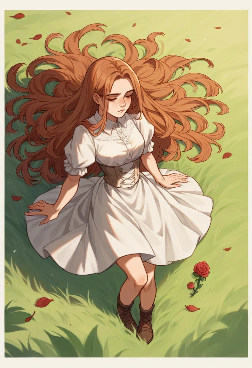 A melancholic autumn scene in a vast flower field,a gentle breeze rustling through the dry grass,fallen leaves scattered among the flowers, a bittersweet atmosphere, a moment of quiet contemplation,1girl,long hair,white_skirt, high-waist_shorts, outfit ,roses,(dynamic angle:1.1),vivid,Soft and warm color palette, delicate brushwork, evocative use of light and shadow, wide shot,subtle details in the wilting flowers,high contrast,color contrast,