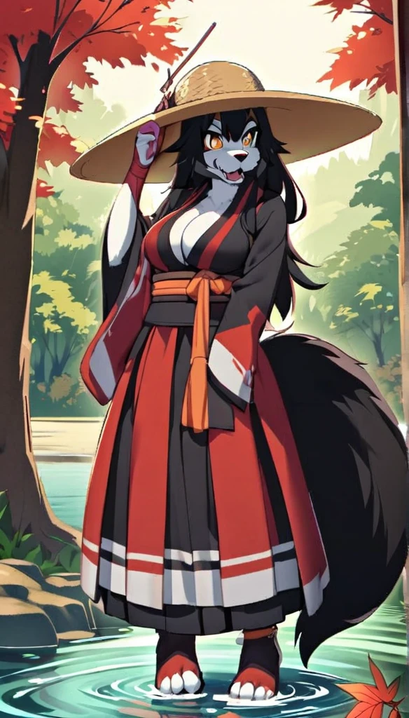 Dog woman, tall, brunette, long black hair, defined, large breasts, long and furry tail, dressed like a Ronin holding a straw hat and a sheathed katana, Crimson leaf forest background next to a lake