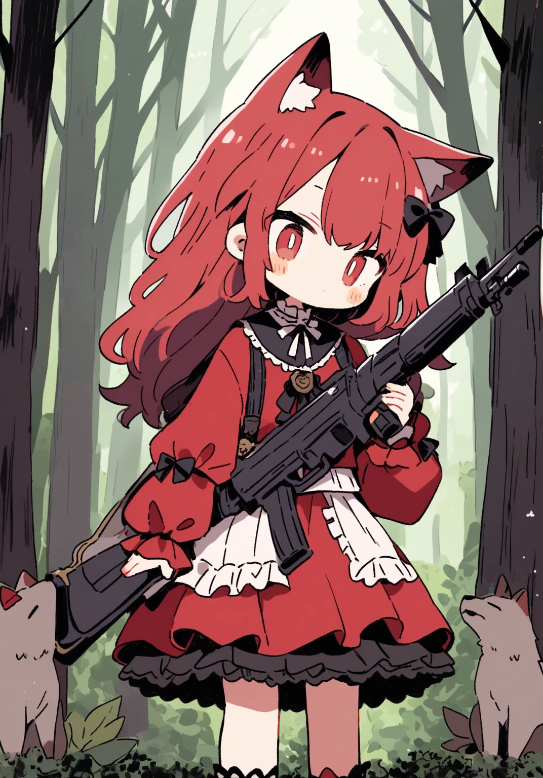 tegaki chibi girl Solo red hood girl wolf ears in the forest gothic lolita from side holding rifle