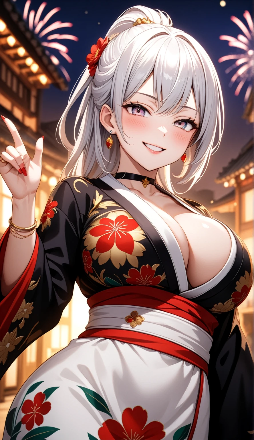 ((One personの女性)), Beautiful Face, ((Wink:2.0)), ((double peace)), (head tilt), Laugh with your mouth wide open,((Bright red cheeks:1.3)),Shiny red lips,night,rooftop,You can see the ocean, firework,Laughing with your mouth open,Glossy pink lips,Facial lighting,((Makoto Shinkai-style background)),masterpiece, Highest quality, so beautiful,up to date, Complex details, (Pink long nails), (4fingers and 1thumbs), (ring),(bracelet),(choker),AI-generated, Complex,High resolution, Highest quality, super high quality,3D Images、3D Images,One person,Long white hair,High Ponytail,(blue eyes),Anime woman posing for a photo, ((Fine grain、Silvery white colorful eyes、Shining Eyes:1.4)),(Squint your eyes:1.1),a hyperRealistic , hyperRealistic , Realistic,Anime woman with long white hair, Smooth anime CG art, A woman in a colorful kimono with gold embroidery, (Black long sleeve kimono),Red floral pattern,Long flower hair ornament,Earrings,Mature Body,(Big Breasts:1.1),Tall,Abdominal muscles,Narrow waist,(Zoom up to face:1.7),Shooting from diagonally below