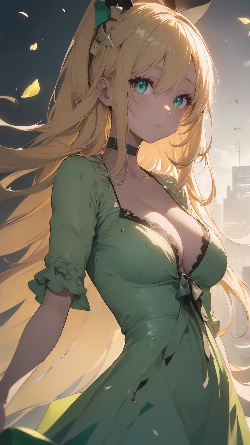 ((((Obra maestra, La mejor calidad, ultrahigh resolution)))), 1girl, standing,), ((long pure blonde hair, hair over eye)), long hair cut, shiny skin, ((green eyes)), glowing_eyes, neon eyes, (ultra detailed eyes:0.7, beautiful and detailed face, detailed eyes:0.9), ((centered)), smirk, facing viewer, ((vibrant background, dark lighting, summer, sunlight)), large chested, looking at viewer, ((half closed eyes)), ((perfect hands)), (((head:1, arms, hips in view, elbows, in view))), ((hands behind back)), empty eyes, beautiful lighting, ((outside, outdoors)), defined subject, head tilt, (((gritty)), ((creepy)), ((cool)), ((beautiful)), (((SFW))), hair ornament, petals in the air, moon in the sky, city, mature woman, adult woman, sfw, golf and green dress, night dress, she is a princess, fang