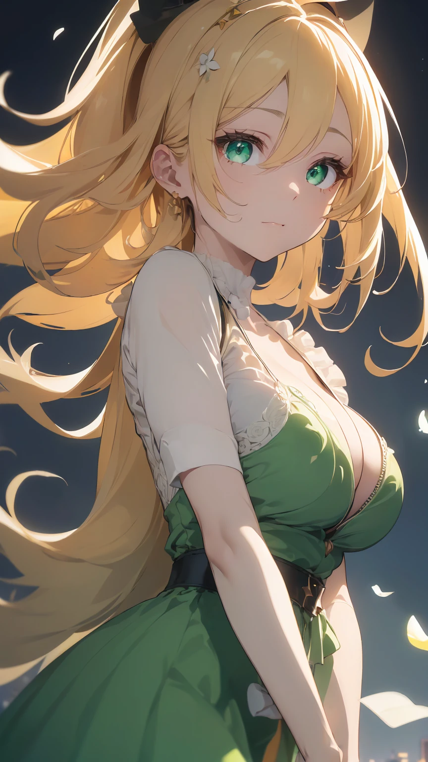 ((((Obra maestra, La mejor calidad, ultrahigh resolution)))), 1girl, standing,), ((long pure blonde hair, hair over eye)), long hair cut, shiny skin, ((green eyes)), glowing_eyes, neon eyes, (ultra detailed eyes:0.7, beautiful and detailed face, detailed eyes:0.9), ((centered)), smirk, facing viewer, ((vibrant background, dark lighting, summer, sunlight)), large chested, looking at viewer, ((half closed eyes)), ((perfect hands)), (((head:1, arms, hips in view, elbows, in view))), ((hands behind back)), empty eyes, beautiful lighting, ((outside, outdoors)), defined subject, head tilt, (((gritty)), ((creepy)), ((cool)), ((beautiful)), (((SFW))), hair ornament, petals in the air, moon in the sky, city, mature woman, adult woman, sfw, golf and green dress, night dress, she is a princess, fang