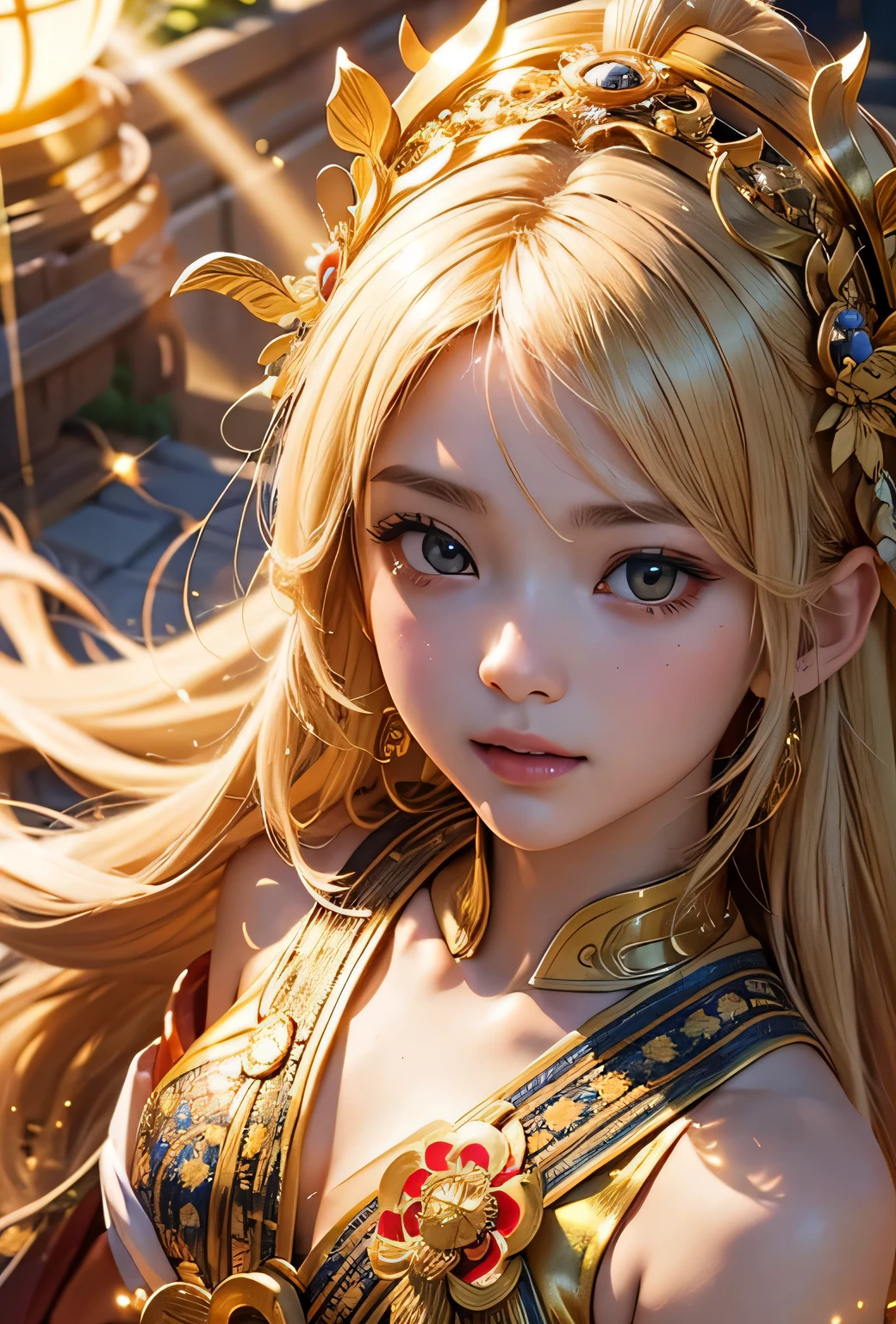 "Child of the Sun, Goddess of Love": Within a sacred sanctuary bathed in sunlight, depict the figure of a sun goddess who governs love, facing forward and emanating divine radiance. She is a , around . Zoom in to focus on her face, with a gleaming orb of light in her hands, representing the life-giving power of the sun. Her hair is shimmering gold, and she is wearing a traditional miko outfit as seen in Japanese shrines. The background should be predominantly gold, evoking a sense of divine splendor, with numerous heart-themed objects expressing the beauty of love. The setting is in heaven, enveloped in soft, bright light, where one can find tranquility and peace of mind, free from any trace of anxiety.