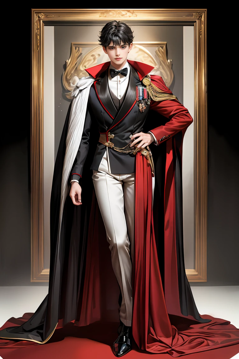 masterpiece, 最high quality, high quality, 1 boy, alone, Male focus, Watching the audience, Messy black hair, Adorable big blue eyes, White people, Noble, Noble,Sexy voluminous black and red cape、Tuxedo、A very voluminous, large, very large, very large, long, long red and black cape with a high stand-up collar, reaching down to the floor, made of a lot of fabric., ,Cute beautiful boys,Cute, cute, kind, handsome guy