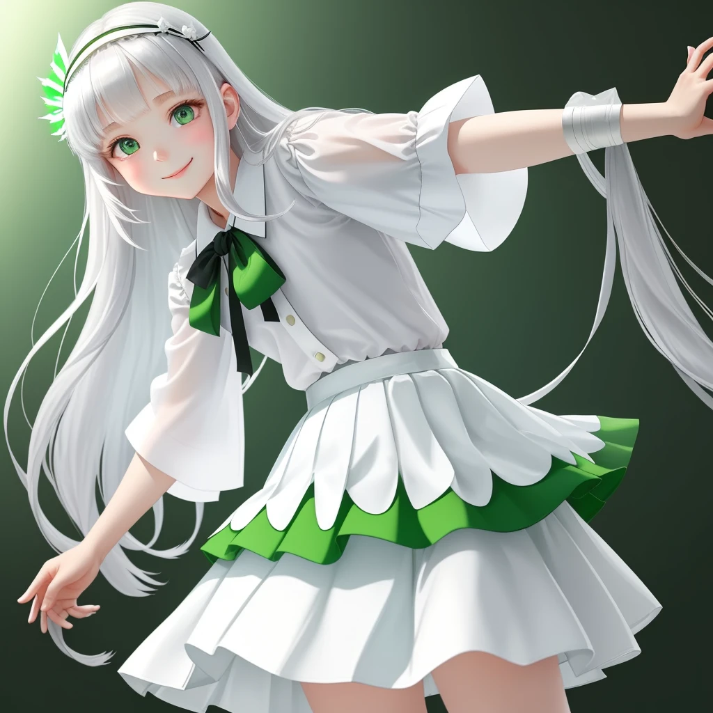 One girl, (masterpiece:1.1), (Highest quality:1.1), (White blouse:1.1), (Shorts:1.1), ,, school bag, break [green:pink:0.5] theme, (Gradient Background:1.1), Cowboy Shot, Split the silver, Long Hair, Green Eyes, Delicate headdress, Look to the side, Think positively、Semi-transparent white long skirt, Below the knee skirt, Murasa Minamitsu, hishaku、smile