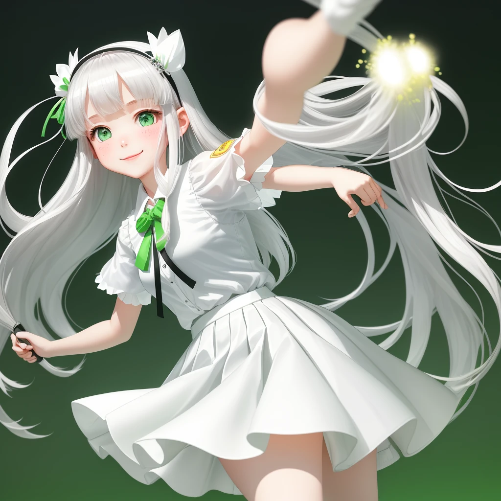 One girl, (masterpiece:1.1), (Highest quality:1.1), (White blouse:1.1), (Shorts:1.1), ,, school bag, break [green:pink:0.5] theme, (Gradient Background:1.1), Cowboy Shot, Split the silver, Long Hair, Green Eyes, Delicate headdress, Look to the side, Think positively、Semi-transparent white long skirt, Below the knee skirt, Murasa Minamitsu, hishaku、smile