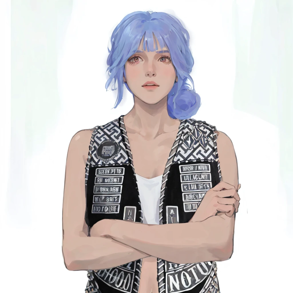 (masterpiece:1.2, best quality), (1girl, solo, upper body:1.2),flat face,Hair: buzz cut,Clothing: oversized, distressed denim jacket with patches and pins, paired with black skinny jeans and combat boots, Hanging out in an underground music venue or street art exhibit