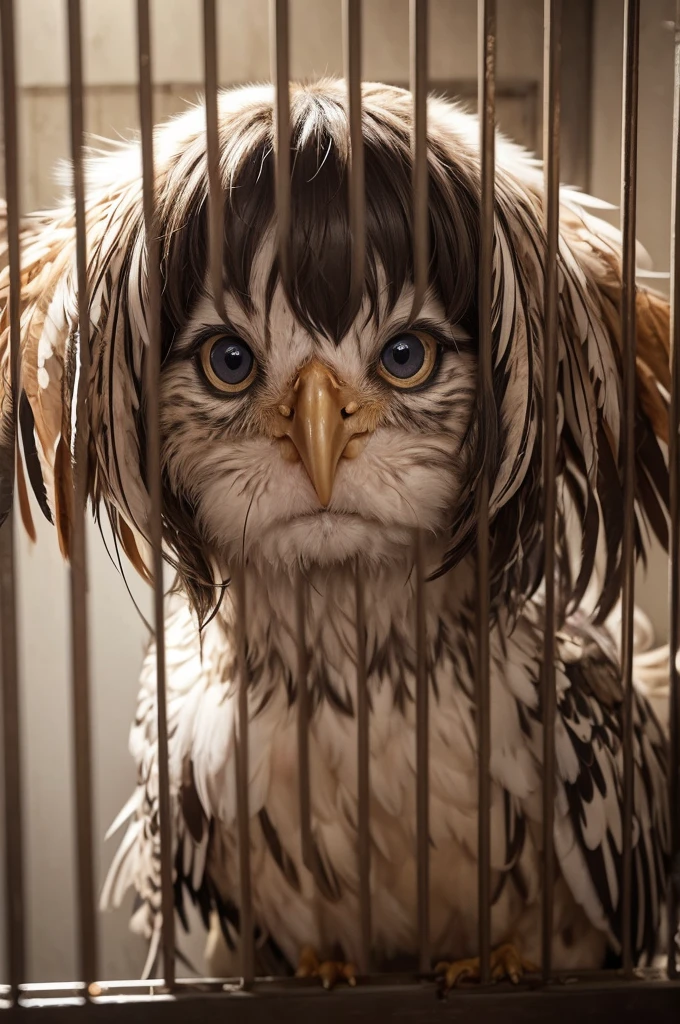 A chicken fusses in a cramped cage, with shaggy feathers and wide eyes. The feathers on your chest are stained, and she blinks with an expression of sadness and helplessness. It seems like it&#39;s been stuck for a long time, no freedom to spread its wings and cluck in freedom.
