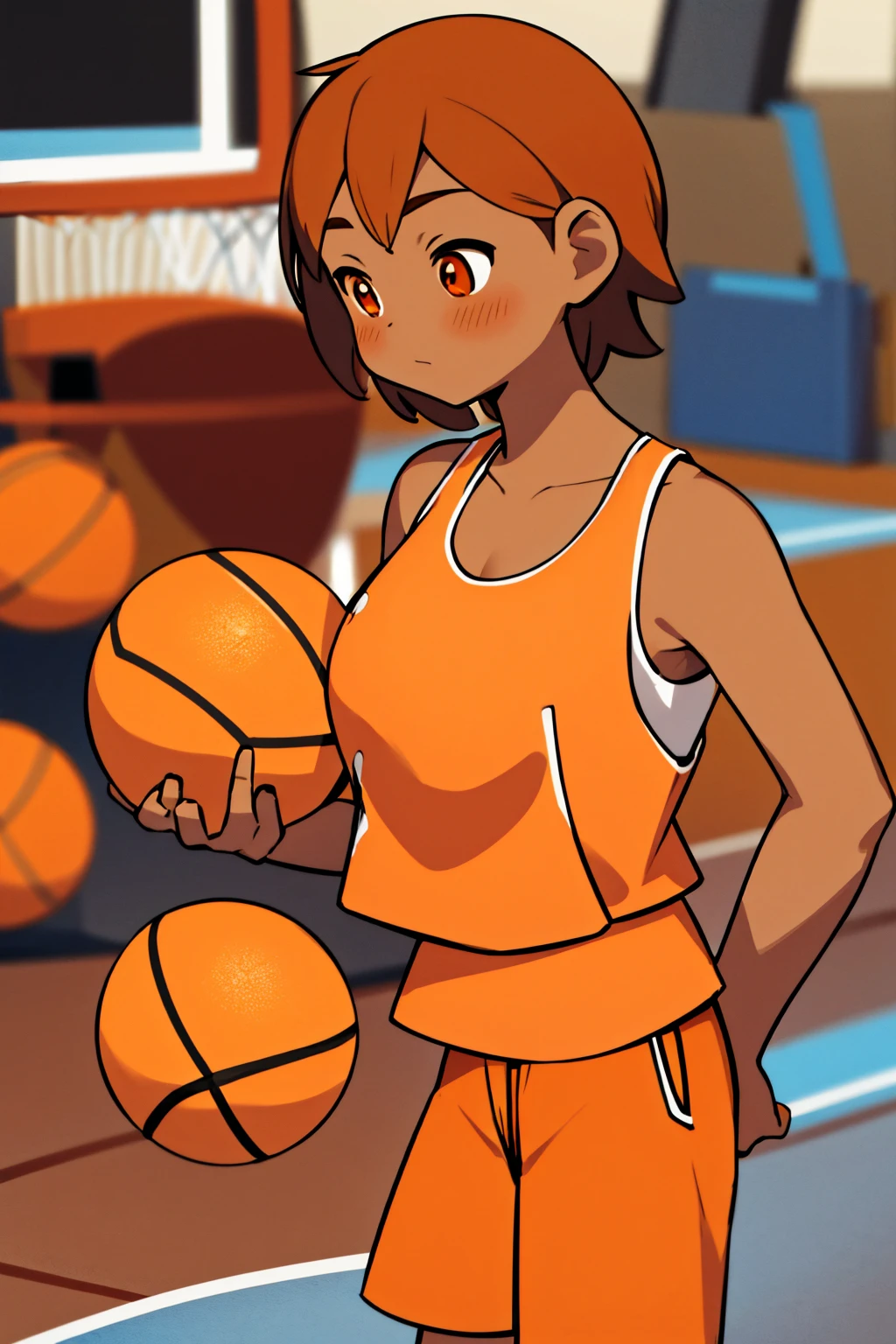 tanned, tan skin, At, orange tank top, orange shorts blush Super huge big breasts breast enlargement Standing alone on the basketball court full-body shot