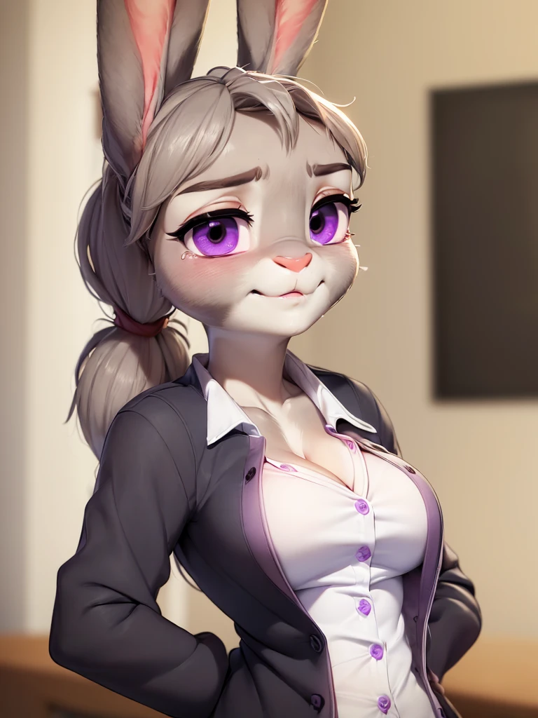 best quality,
masterpiece,
3D anime,
(((solo))),
(((1girl))),
(((Face is JudyHopps))),
(long ears like a rabbit:0.8),
Heir is in a ((ponytail)) style,
see-through bangs,
wispy bangs,
((Her eyes color is purple)),
6.5 head and body,
White blouse outfit,
office lady,
no jacket,
 (((white blouse unbuttoned, all buttons are off))),
Navel exposed,
(outfit is made of wool:1.4),
(((body is made of wool fabric))),
(((body is gray with fluffy and fluffy))),
(((skin is wool fabric with fluffy and fluffy))),
((She is blushing in the cheeks)),
((clavicle is emphasized)),
((looks like crying)),