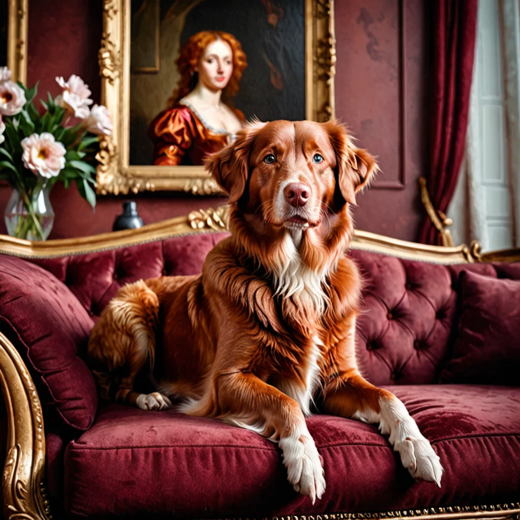 Portrait of Nova Scotia Duck tolling Retriever, baroque ambience, sofa, in the background. Burgundy color scheme. Oil style.