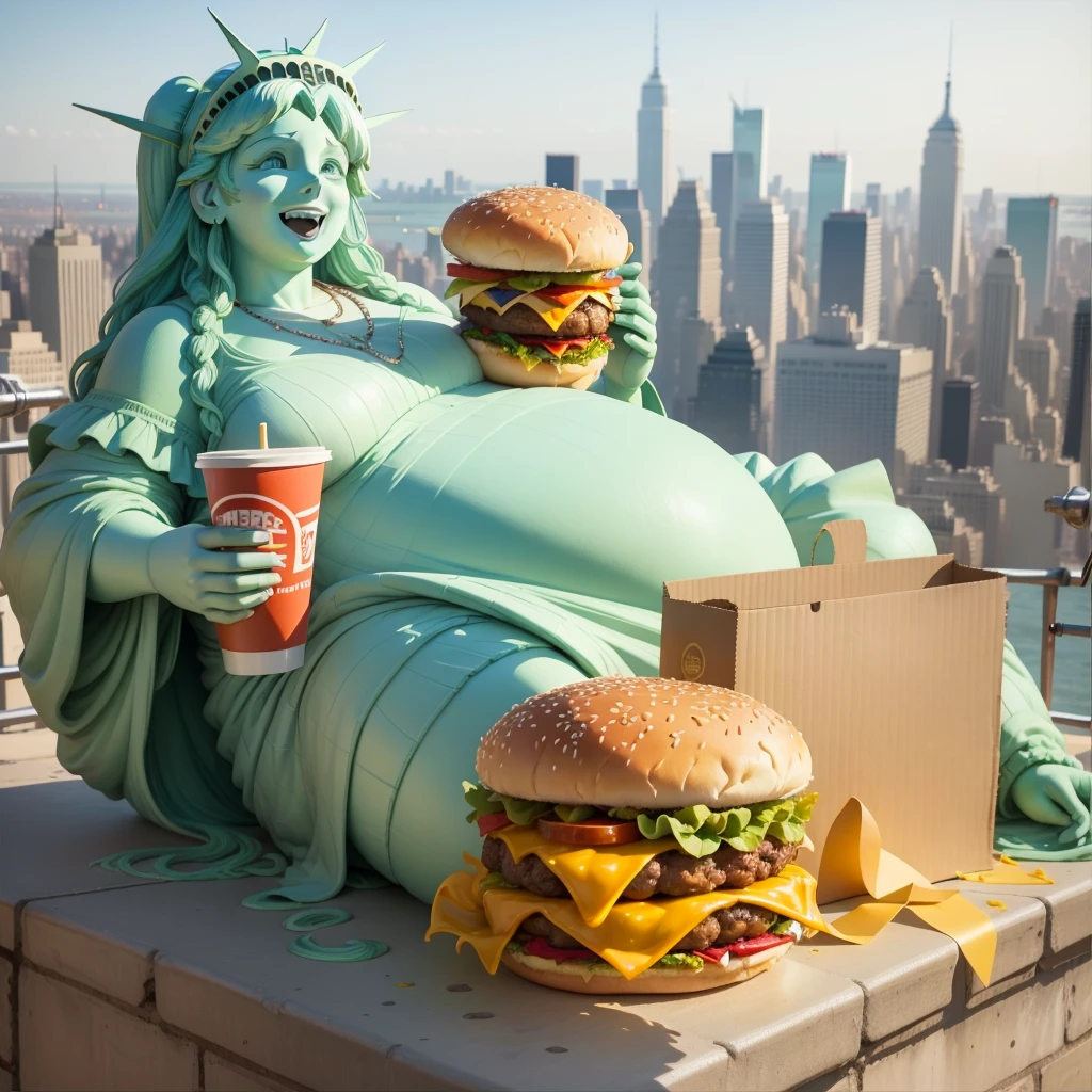 A very fat and ugly Statue of Liberty　A big smile　Lying down　Eating a hamburger　There are 10,000 hamburgers　In the heart of New York　Sparkling