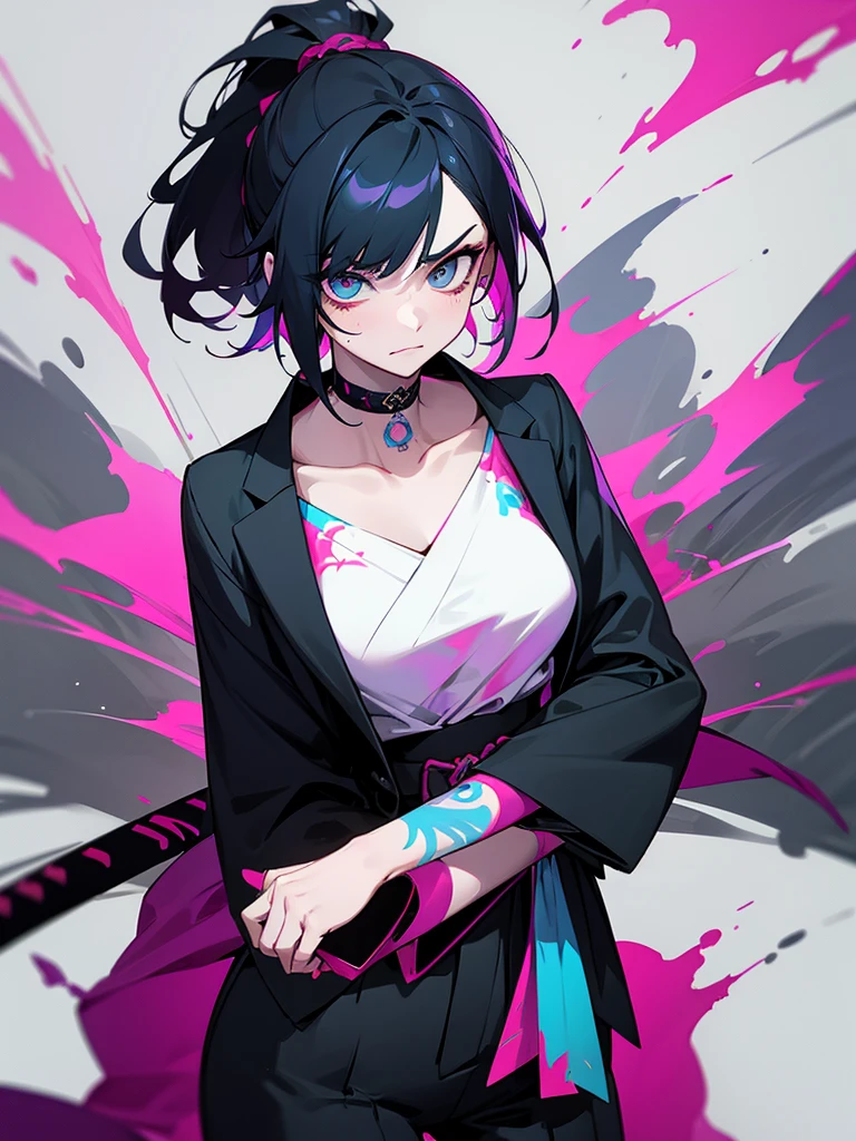 1 woman, wearing a stylish and edgy outfit, the color palette is mainly dark with splashes of vibrant colors, tailored white shirts, fashionable, woman, vibrant, outfit, colorful, accessory, majestic, sharp focus, modern, determined expression, closed one eye, disgusted face, embarrassed, Ink wash painting background, geometry tattoo, (cinematic), elaborate, holding japanese sword, katana, pose, collarbone,