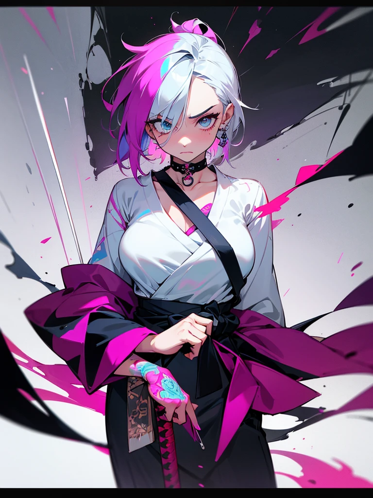 1 woman, wearing a stylish and edgy outfit, the color palette is mainly dark with splashes of vibrant colors, tailored white shirts, fashionable, woman, vibrant, outfit, colorful, accessory, majestic, sharp focus, modern, determined expression, closed one eye, disgusted face, embarrassed, Ink wash painting background, geometry tattoo, (cinematic), elaborate, holding japanese sword, katana, pose, collarbone,