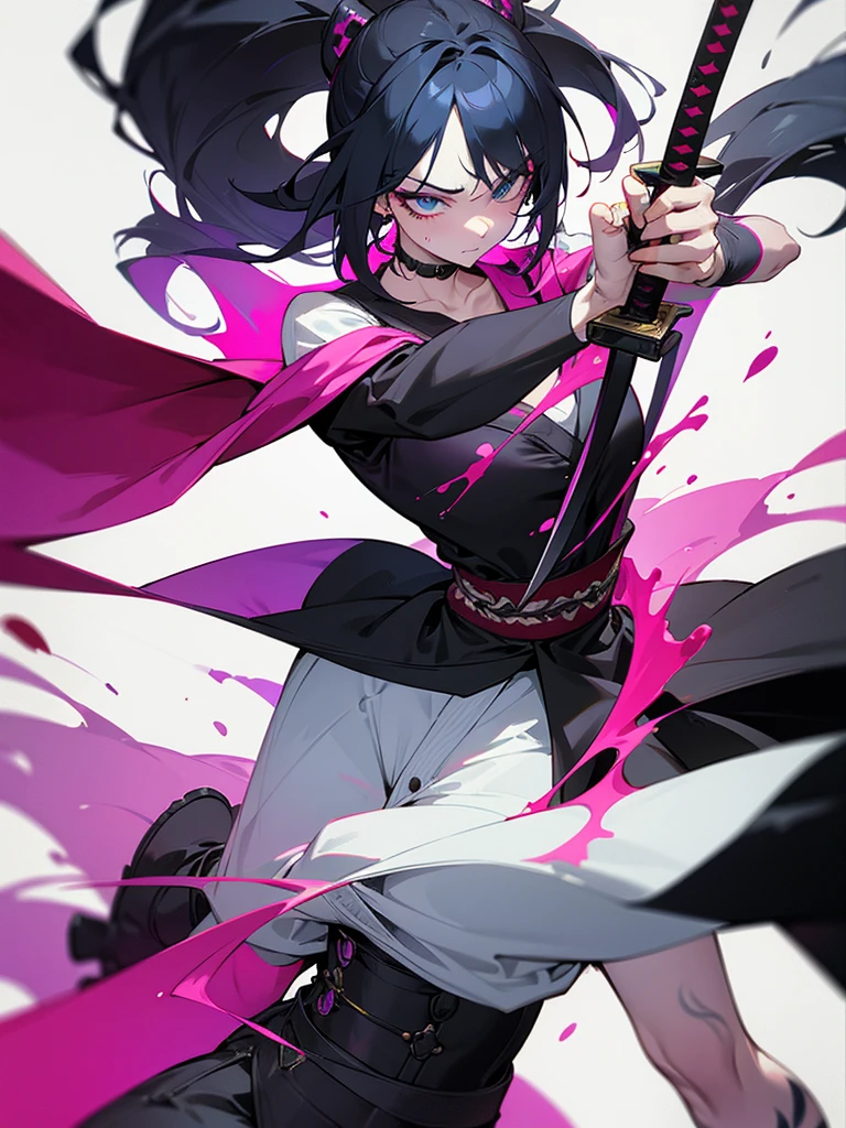 1 woman, wearing a stylish and edgy outfit, the color palette is mainly dark with splashes of vibrant colors, tailored white shirts, fashionable, woman, vibrant, outfit, colorful, accessory, majestic, sharp focus, modern, determined expression, closed one eye, disgusted face, embarrassed, Ink wash painting background, geometry tattoo, (cinematic), elaborate, holding japanese sword, katana, pose, collarbone,