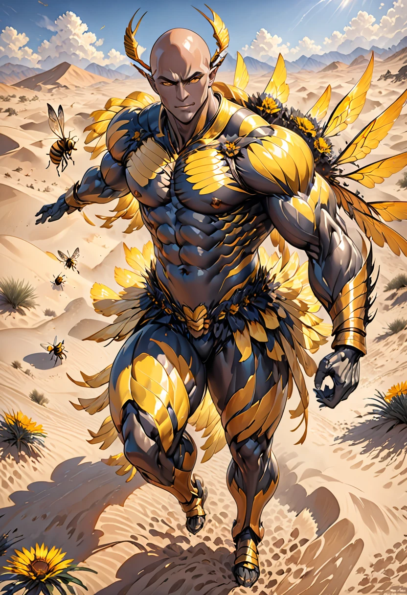 ((absurdres)) perfect whole body, ultra photorealistic, top quality, Photorealistic, ((16k UHD)) High Definition, high-res, ultra sharp, masterpiece, the best quality, intricate details, detailed eyes, perfect face detailed face, (((horror theme))) (((in the sandy desert))) orange goggles, masterpiece, highly detailed exquisite character art, perfectly detailed anatomy, detailed body, detailed pecs, hyper pecs, thick thighs, (((sunny weather))) (((natural lights))), ultra-realistic, (((1male))) ((tall muscular man male humanoid)), bald, humanoid yellow skin, bee anatomy, deity, god of honey bees, humanoid black & yellow skin tone, yellow hue, powerful humanoid appearance, compound eyes, stinger, abdomen, metallic scales, scales. Metallic armour, wings, elf ears, glossy skin, large smirking face, flying in the sky, mandibles, Antenna, honey, ((male muscular stripe black & yellow humanoid insect honey bee)) (((yellow skin))), (((black skin)))