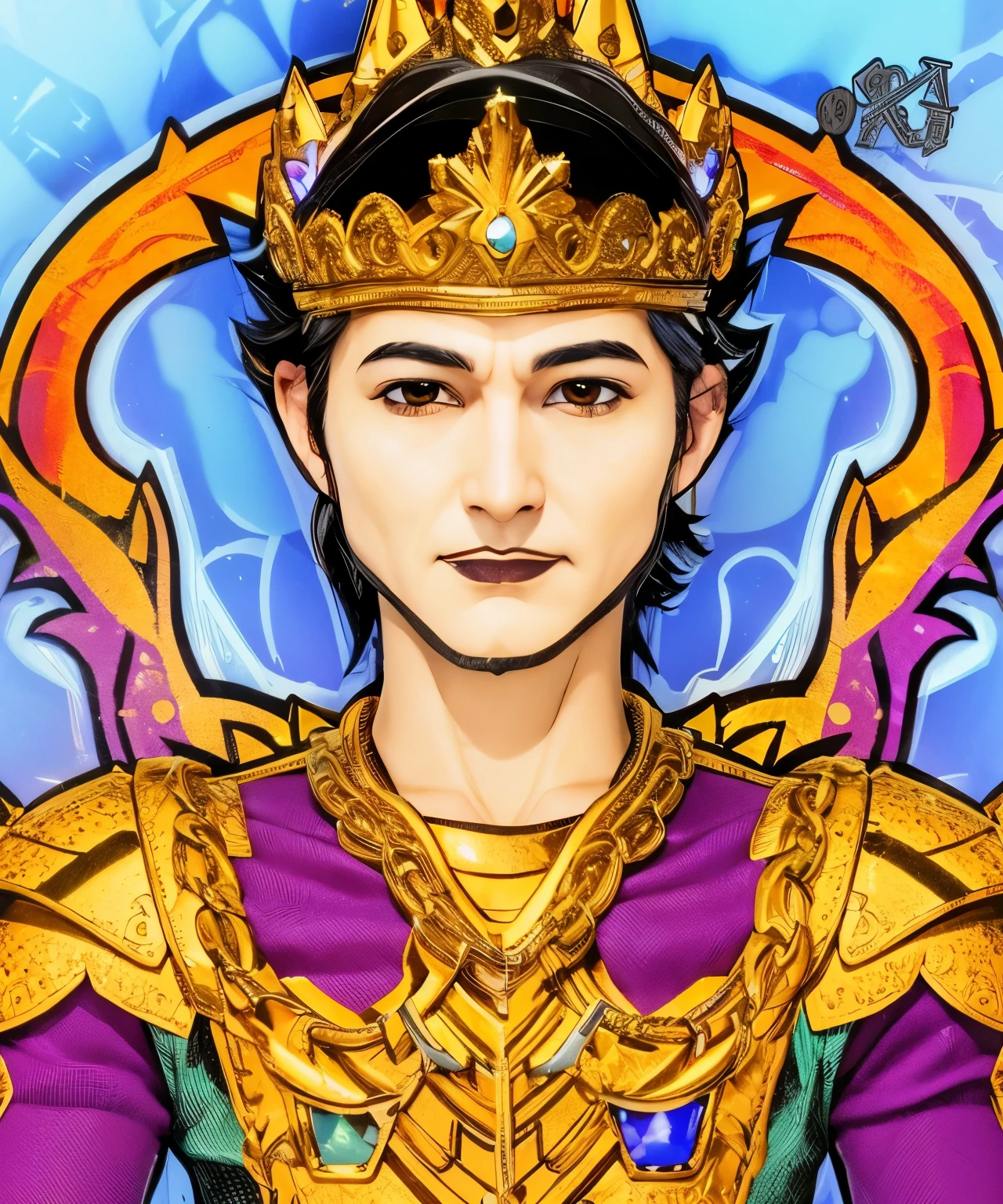 Man,short black hair,gold crown,gold armor,realistic,ultra detail