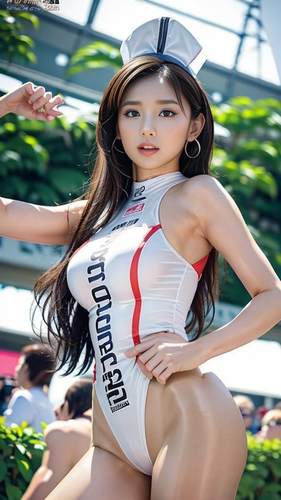 Close-up: A beautiful woman cosplaying as a race queen, standing at a race track with tall, very long legs and big breasts, seen from below
