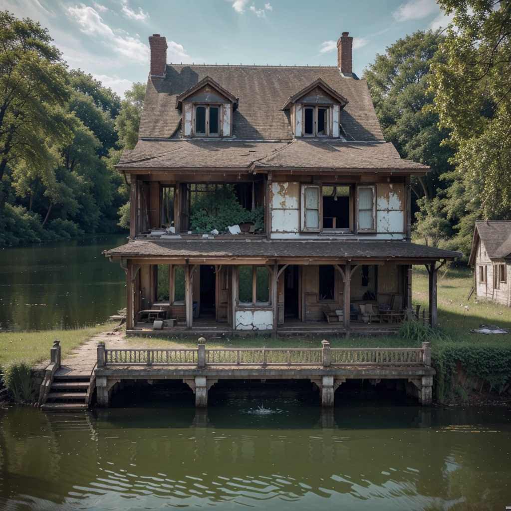 Abandoned house by the lake,Landscape, water, (Extremely Detailed CG Unit 8k Wallpaper), the most beautiful works of art in the world, Majestic oil painting professional, intrikate, High detail, sharp focus, Dramatic and photorealistic painting art Anja