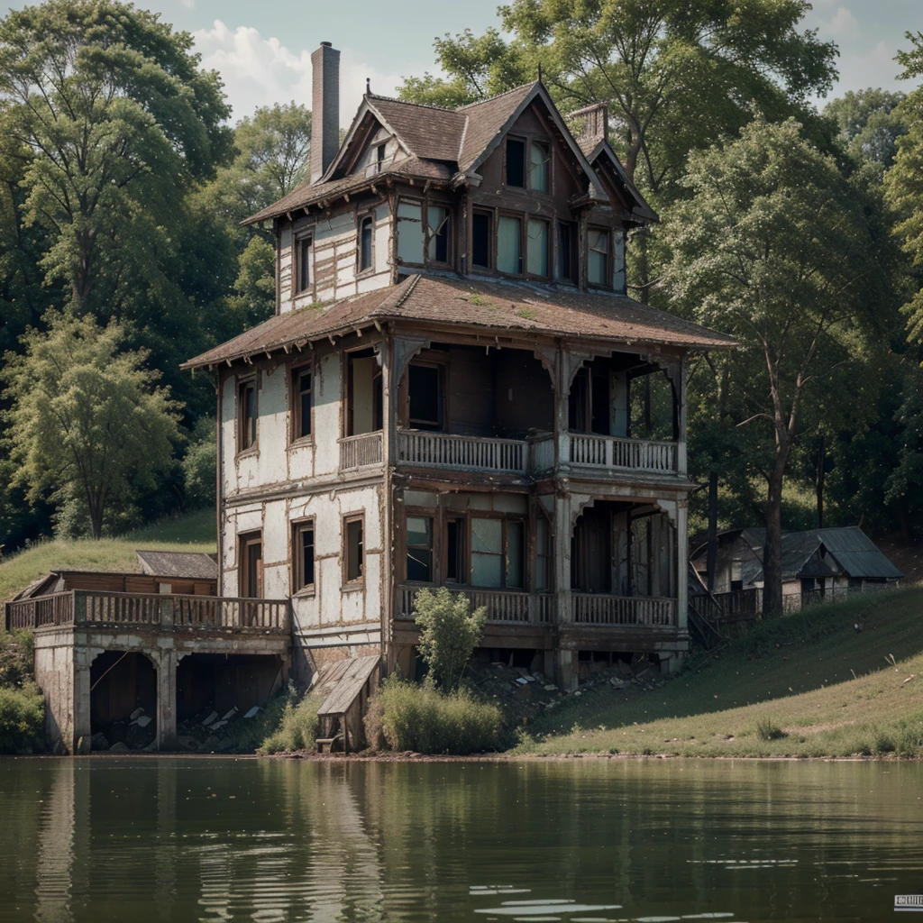 Abandoned house by the lake,Landscape, water, (Extremely Detailed CG Unit 8k Wallpaper), the most beautiful works of art in the world, Majestic oil painting professional, intrikate, High detail, sharp focus, Dramatic and photorealistic painting art Anja