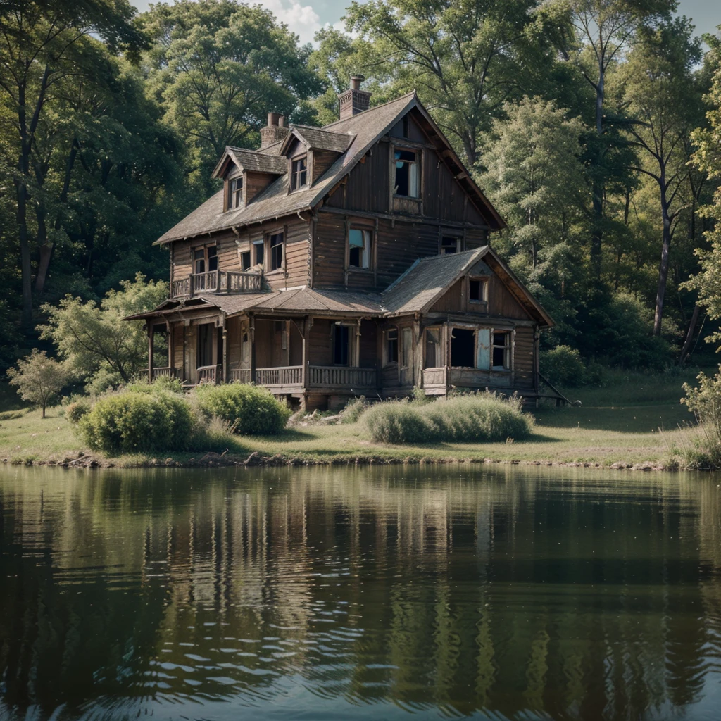 Abandoned house by the lake,Landscape, water, (Extremely Detailed CG Unit 8k Wallpaper), the most beautiful works of art in the world, Majestic oil painting professional, intrikate, High detail, sharp focus, Dramatic and photorealistic painting art Anja