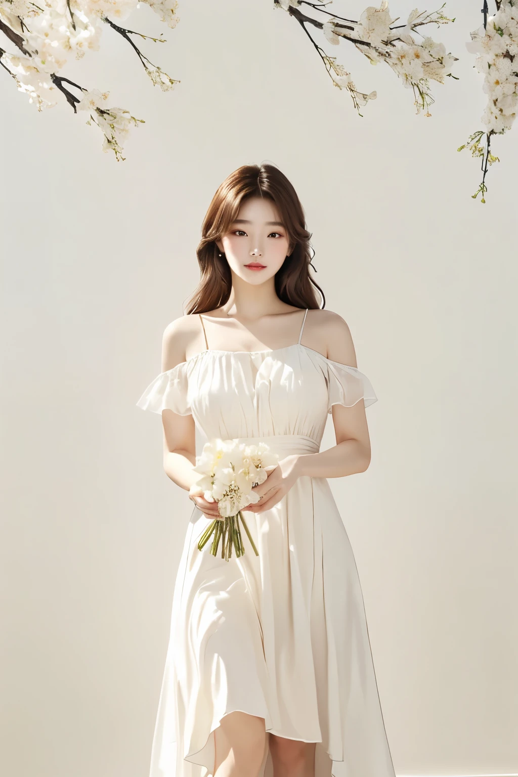 8K, (masterpiece, best quality:1.2), a woman in a 하얀 드레스 holding a bouquet of flowers, simple dress, ancient white dress, light half open dress, simple cream dress, 