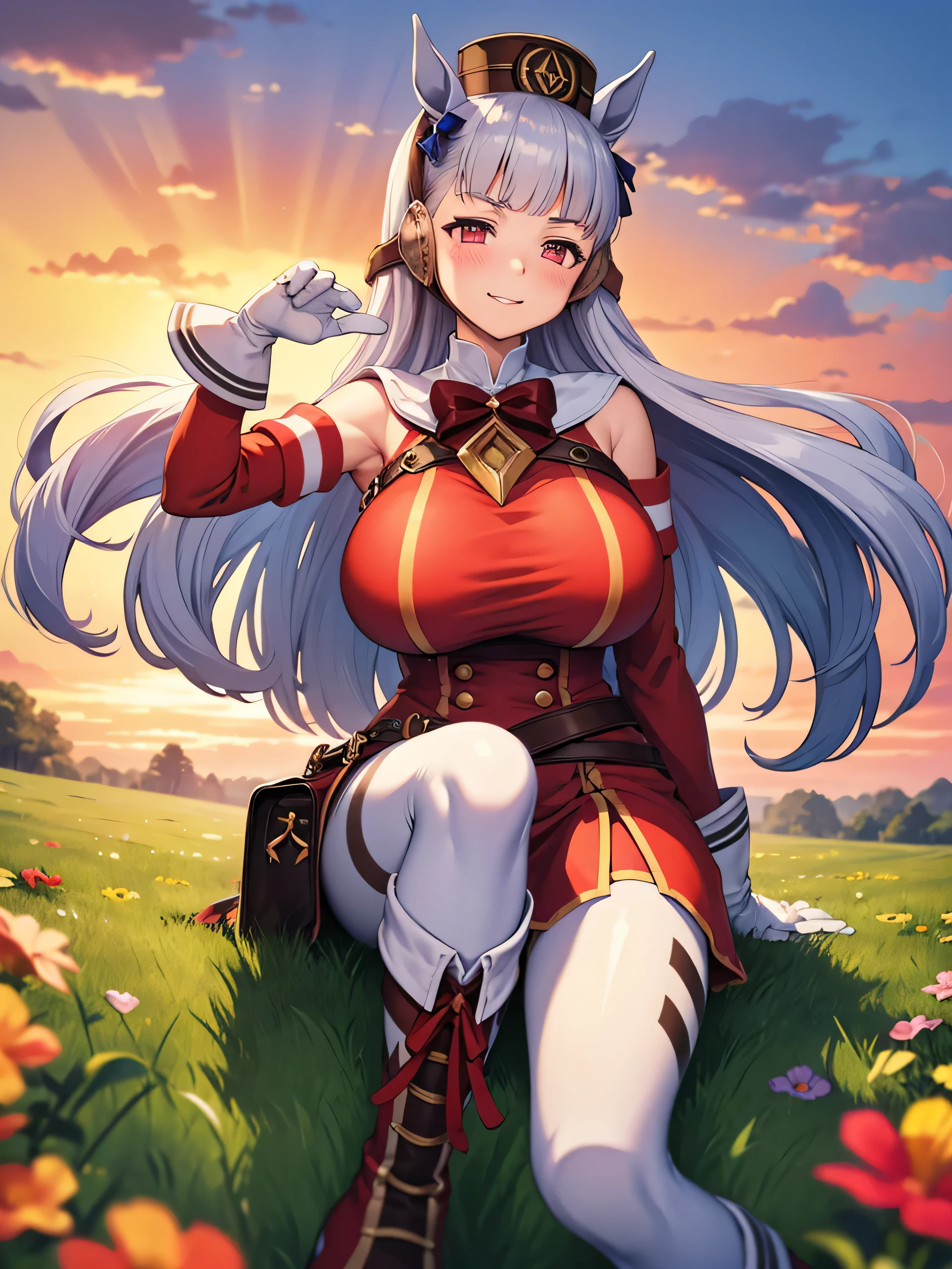 (masterpiece, Highest quality:1.2), alone, One girl, umpd gold ship, pillbox hat,Red dress,No sleeve, White Pantyhose, White gloves、boots, Horse tail,、grassland、Nature、blush、Wow smile、summer、Sunset、(Huge breasts:1.2)、Nipples are visible、Clothes are see-through、Cute pose、Spread your legs、Pantyhose bite
