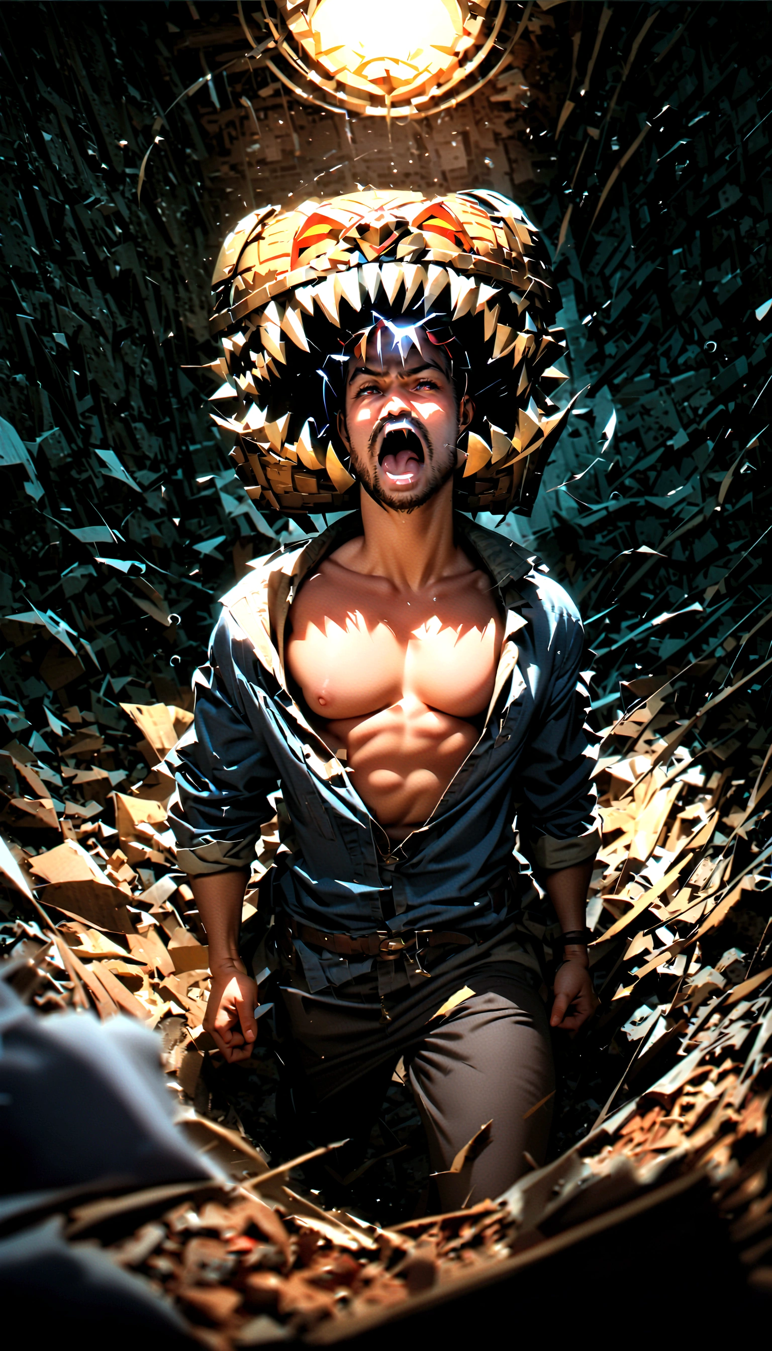 quality\(8k,wallpaper of extremely detailed CG unit, masterpiece,hight resolution,top-quality,top-quality real texture skin,hyper realisitic,increase the resolution,RAW photos,best qualtiy,highly detailed,the wallpaper,cinematic lighting,ray trace,golden ratio\), BREAK , mouth open wide,in dark dungeon,(long shot:1.3),screen shot of the game