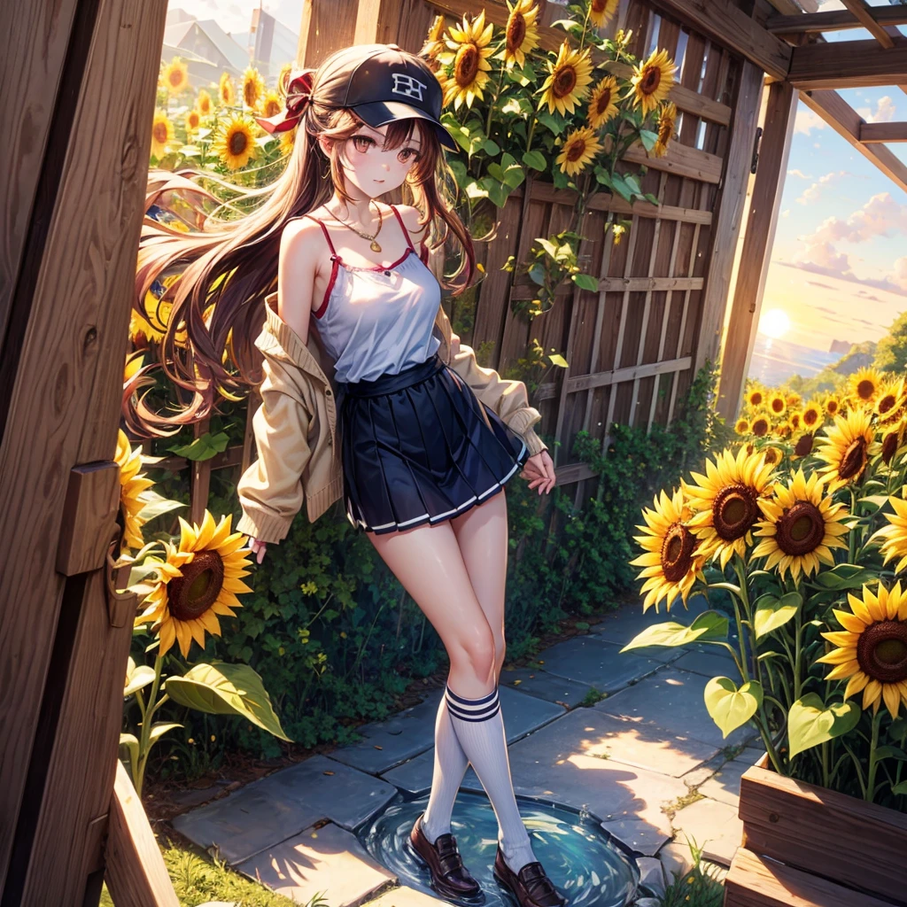 Red, brown, gold, gold hair、Golden Eyes、Hair tied up、One good looking girl、solo、anime、Checkered mini skirt、Ruffles on the skirt、camisole、camisole、Lightweight cardigan、Black knee-high socks、Wearing a baseball cap、Ribbon、Ribbon on waist、Teeth are visible、Sunset sky、Cumulonimbus、Silver coin necklace、shine、From above、Sparks are flying、tunnel、Cobblestones、Hands in pockets、waterfall、Clear Stream、Sunflower field、Have sunflowers、Midnight Moon