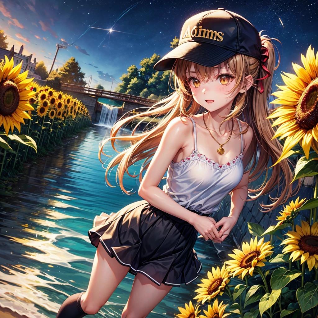 Red, brown, gold, gold hair、Golden Eyes、Hair tied up、One good looking girl、solo、anime、Checkered mini skirt、Ruffles on the skirt、camisole、camisole、Lightweight cardigan、Black knee-high socks、Wearing a baseball cap、Ribbon、Ribbon on waist、Teeth are visible、Sunset sky、Cumulonimbus、Silver coin necklace、shine、From above、Sparks are flying、tunnel、Cobblestones、Hands in pockets、waterfall、Clear Stream、Sunflower field、Have sunflowers、Midnight Moon