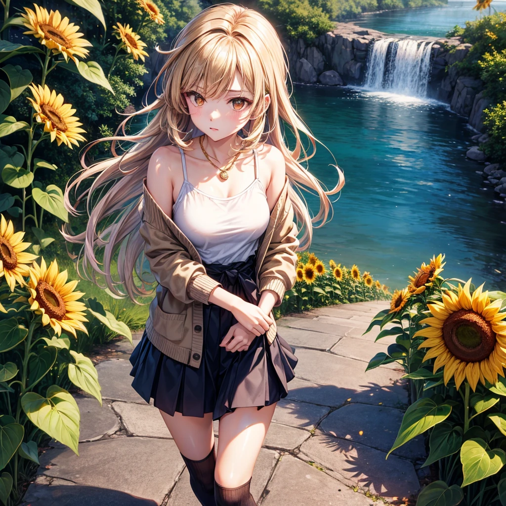 Red, brown, gold, gold hair、Golden Eyes、Hair tied up、One good looking girl、solo、anime、Checkered mini skirt、Ruffles on the skirt、camisole、camisole、Lightweight cardigan、Black knee-high socks、Wearing a baseball cap、Ribbon、Ribbon on waist、Teeth are visible、Sunset sky、Cumulonimbus、Silver coin necklace、shine、From above、Sparks are flying、tunnel、Cobblestones、Hands in pockets、waterfall、Clear Stream、Sunflower field、Have sunflowers、Midnight Moon