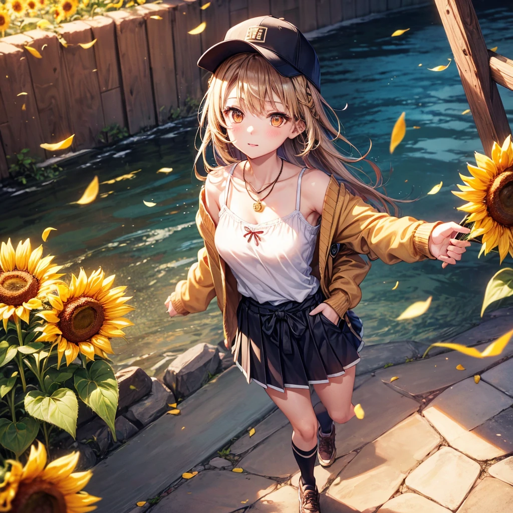 Red, brown, gold, gold hair、Golden Eyes、Hair tied up、One good looking girl、solo、anime、Checkered mini skirt、Ruffles on the skirt、camisole、camisole、Lightweight cardigan、Black knee-high socks、Wearing a baseball cap、Ribbon、Ribbon on waist、Teeth are visible、Sunset sky、Cumulonimbus、Silver coin necklace、shine、From above、Sparks are flying、tunnel、Cobblestones、Hands in pockets、waterfall、Clear Stream、Sunflower field、Have sunflowers、Midnight Moon