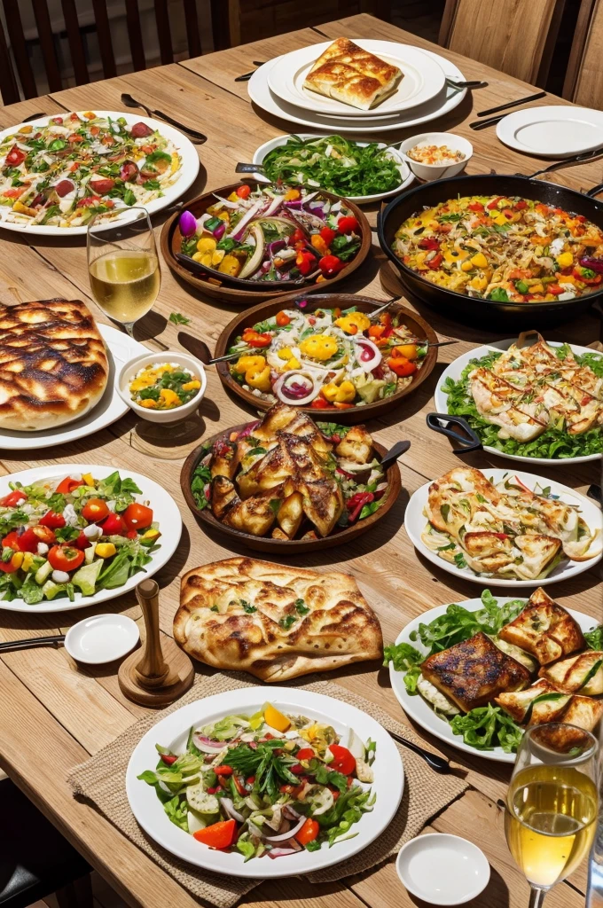 Colorful image of a table with dishes set for four people: Skewers, vegetables, Khachapuri, bread, salads, champagne.