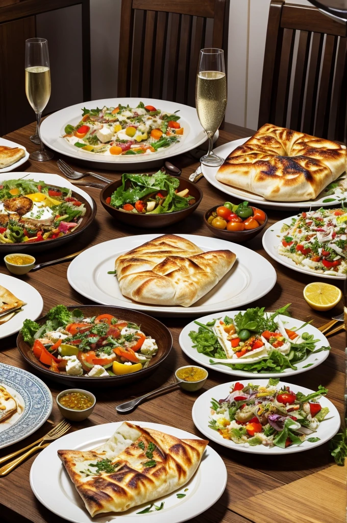 Colorful image of a table with dishes set for four people: Skewers, vegetables, Khachapuri, bread, salads, champagne.