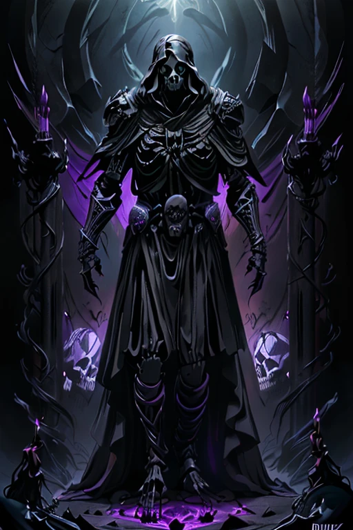 (full body:1.4).((dynamic:1.3)).skeleton with purple lights in eye sockets.(realistic illustration:1.3),((dark fantasy:1.4)).((male:1.4)) ((black skull face:1.4)), ((Hooded)) (shadow) ((wraith)) in ((heavy obsidian armor)), tall, imposing, (glowing violet eyes:1.2), (cross pendant:1.3). brandishing black ((great sword)) in purple flames. masterpiece