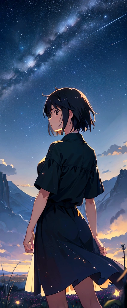 makoto shinkai, Vast landscape photography , (View from below,Shows the sky above and the open space below), A girl standing in a flower field looking up, ( meteor:0.9), (Star Cloud:1.3), Fir Mountain, Treebreak Production Art, (Stars Daytime Sky:1.2), (fire Fly:1.2), Starry Sky