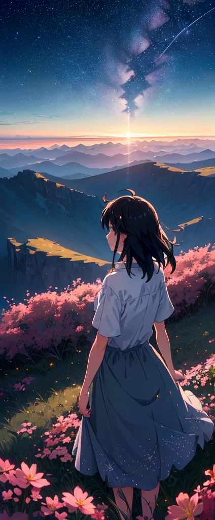 makoto shinkai, Vast landscape photography , (View from below,Shows the sky above and the open space below), A girl standing in a flower field looking up, ( meteor:0.9), (Star Cloud:1.3), Fir Mountain, Treebreak Production Art, (Stars Daytime Sky:1.2), (fire Fly:1.2), Starry Sky